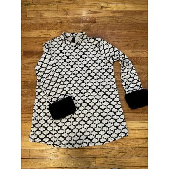 Tyler Boe Black Cream Fur Sleeves Dress Tunic Dress Stunning Mod 60s MIDI Size L - Picture 9 of 16